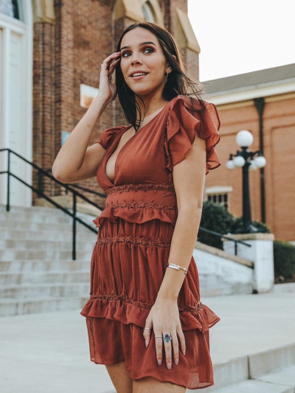 Rust Ruffle Tiered Mini Dress - Women's